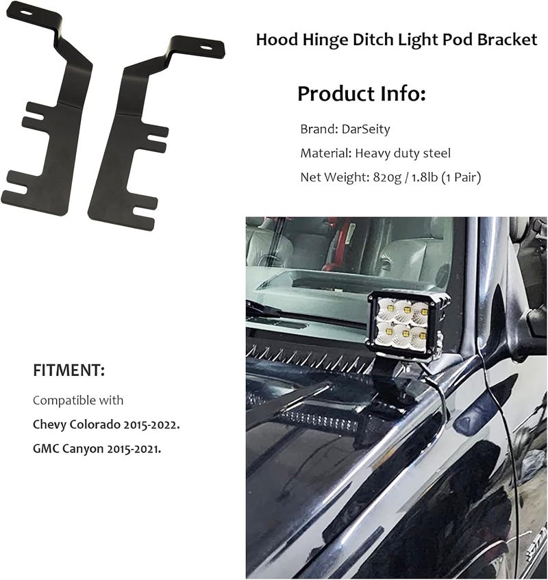 DarSeity Low Profile Mount Hood Hinges Ditch Light Brackets for Chevy Colorado 2015-2022 for GMC Canyon 2015-2021, for Auxiliary Off-Road Lighting - Image 2